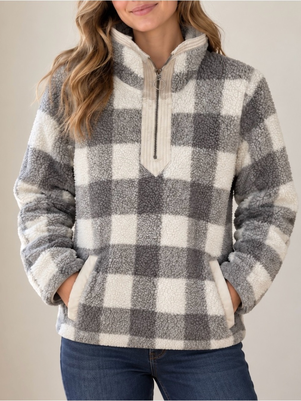 Abercrombie & Fitch Women 1/4 Zip Gray- Ivory Buffalo Check Sherpa | Size Medium